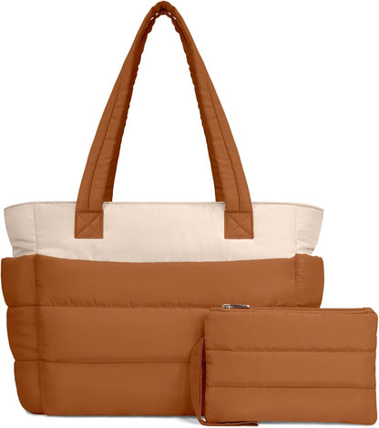 Puffer Tote Bag for Women, Lightweight Puffy Handbag with Compartments, Quilted Shoulder Bag for Work, Travel, Gym - Colors B