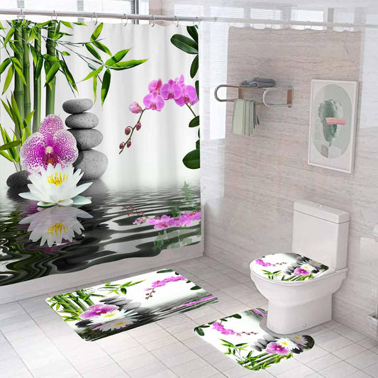 4PCS Spa Zen Shower Curtain Sets with Rugs, White Shower Curtain, Pink Floral Orchid Lotus Water Lily Stone Bamboo Water Reflection Yoga Massage Relaxing Spiritual Meditation Bathroom Decor