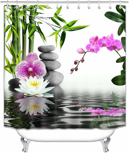 4PCS Spa Zen Shower Curtain Sets with Rugs, White Shower Curtain, Pink Floral Orchid Lotus Water Lily Stone Bamboo Water Reflection Yoga Massage Relaxing Spiritual Meditation Bathroom Decor