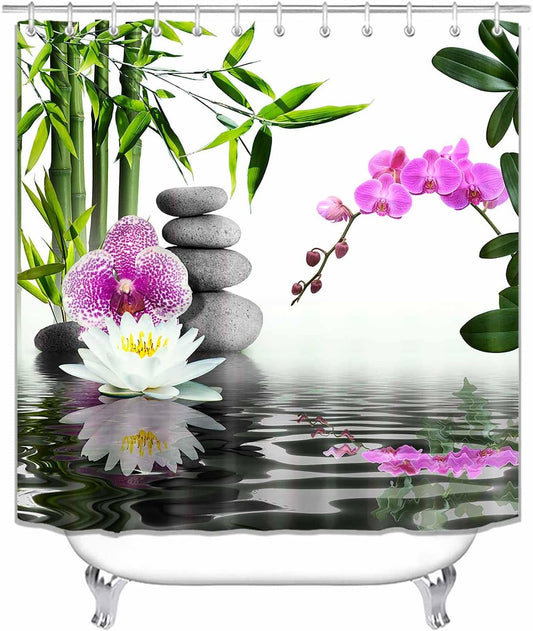 4PCS Spa Zen Shower Curtain Sets with Rugs, White Shower Curtain, Pink Floral Orchid Lotus Water Lily Stone Bamboo Water Reflection Yoga Massage Relaxing Spiritual Meditation Bathroom Decor