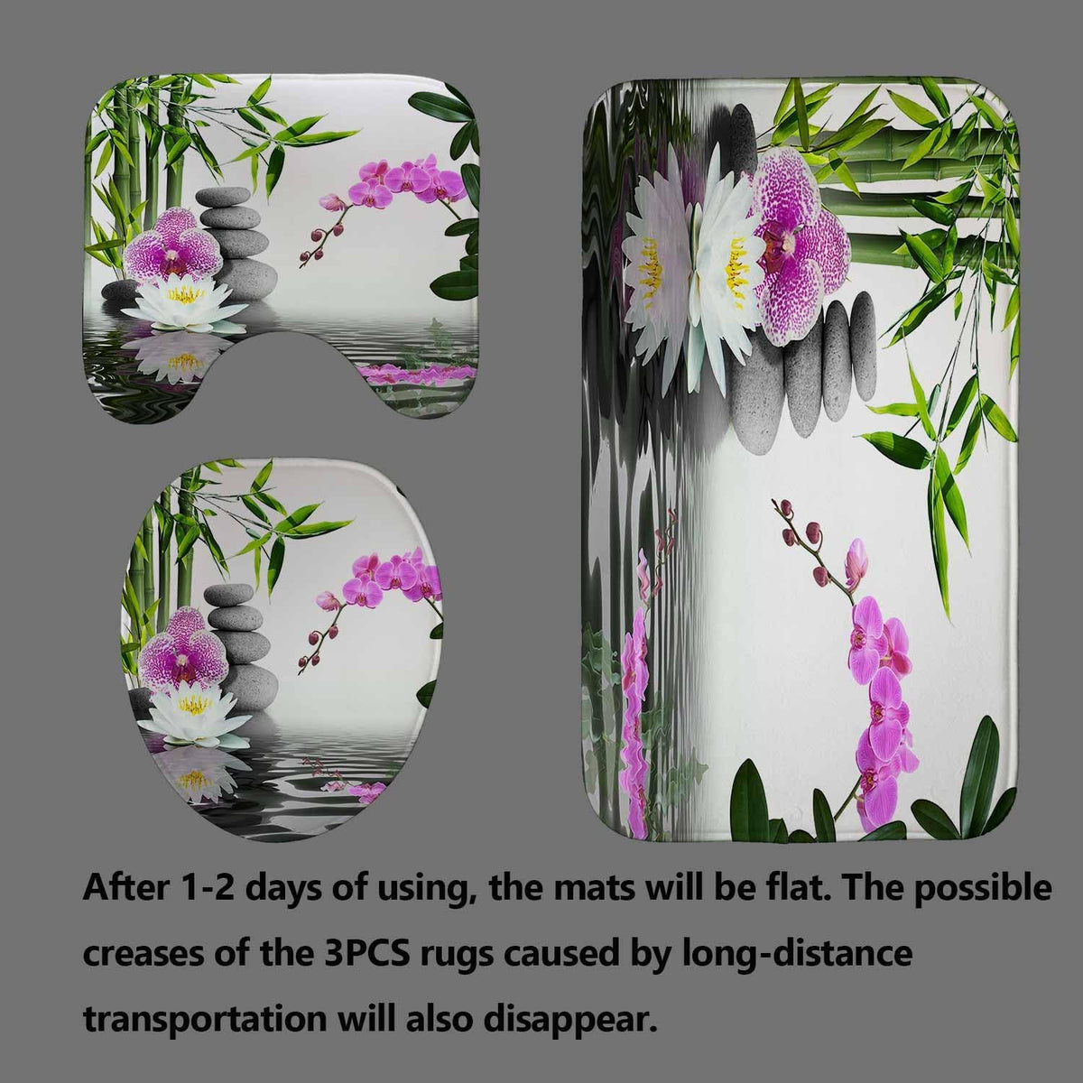 4PCS Spa Zen Shower Curtain Sets with Rugs, White Shower Curtain, Pink Floral Orchid Lotus Water Lily Stone Bamboo Water Reflection Yoga Massage Relaxing Spiritual Meditation Bathroom Decor
