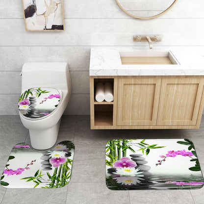 4PCS Spa Zen Shower Curtain Sets with Rugs, White Shower Curtain, Pink Floral Orchid Lotus Water Lily Stone Bamboo Water Reflection Yoga Massage Relaxing Spiritual Meditation Bathroom Decor