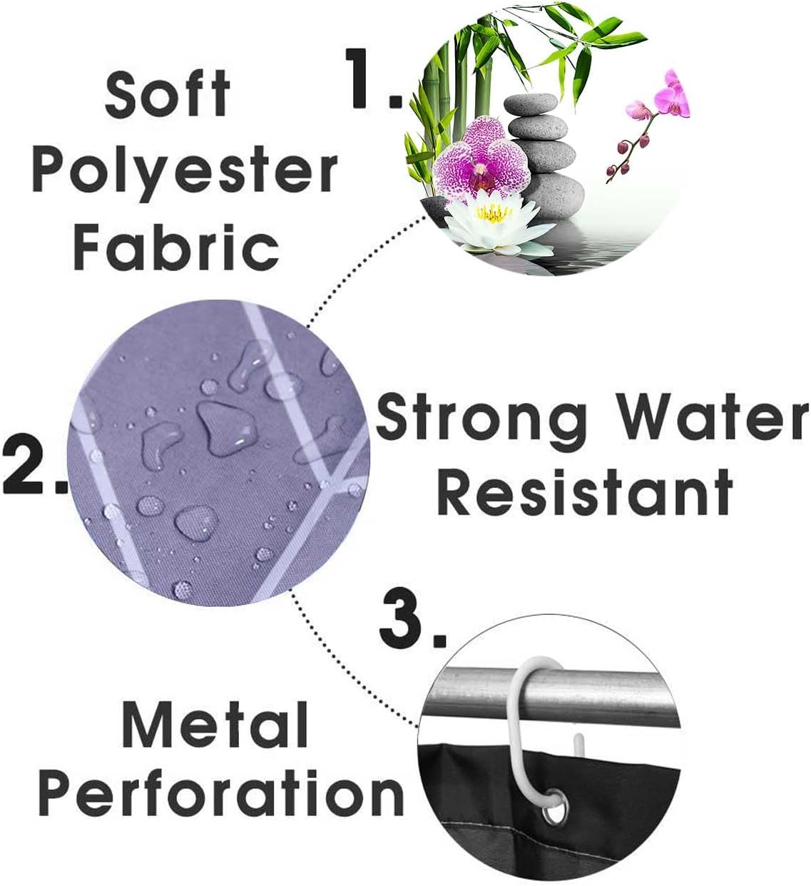 4PCS Spa Zen Shower Curtain Sets with Rugs, White Shower Curtain, Pink Floral Orchid Lotus Water Lily Stone Bamboo Water Reflection Yoga Massage Relaxing Spiritual Meditation Bathroom Decor