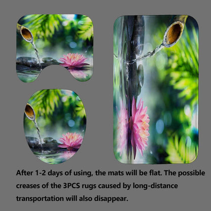 4PCS Spa Zen Shower Curtain Sets with Rugs, White Shower Curtain, Pink Floral Orchid Lotus Water Lily Stone Bamboo Water Reflection Yoga Massage Relaxing Spiritual Meditation Bathroom Decor