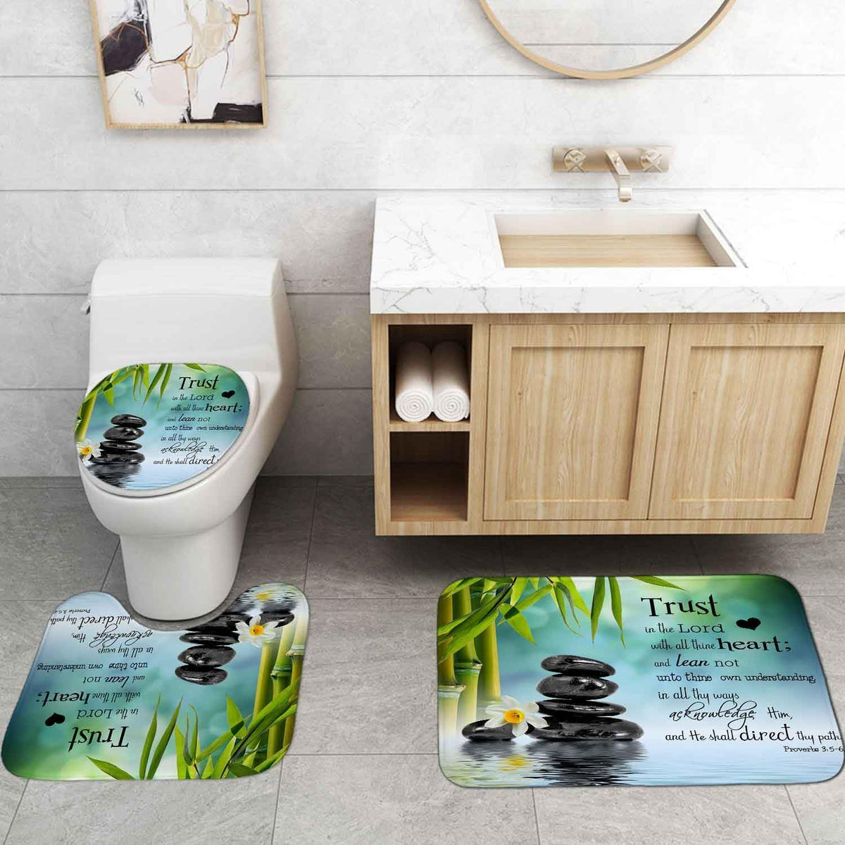 4PCS Spa Zen Shower Curtain Sets with Rugs, White Shower Curtain, Pink Floral Orchid Lotus Water Lily Stone Bamboo Water Reflection Yoga Massage Relaxing Spiritual Meditation Bathroom Decor