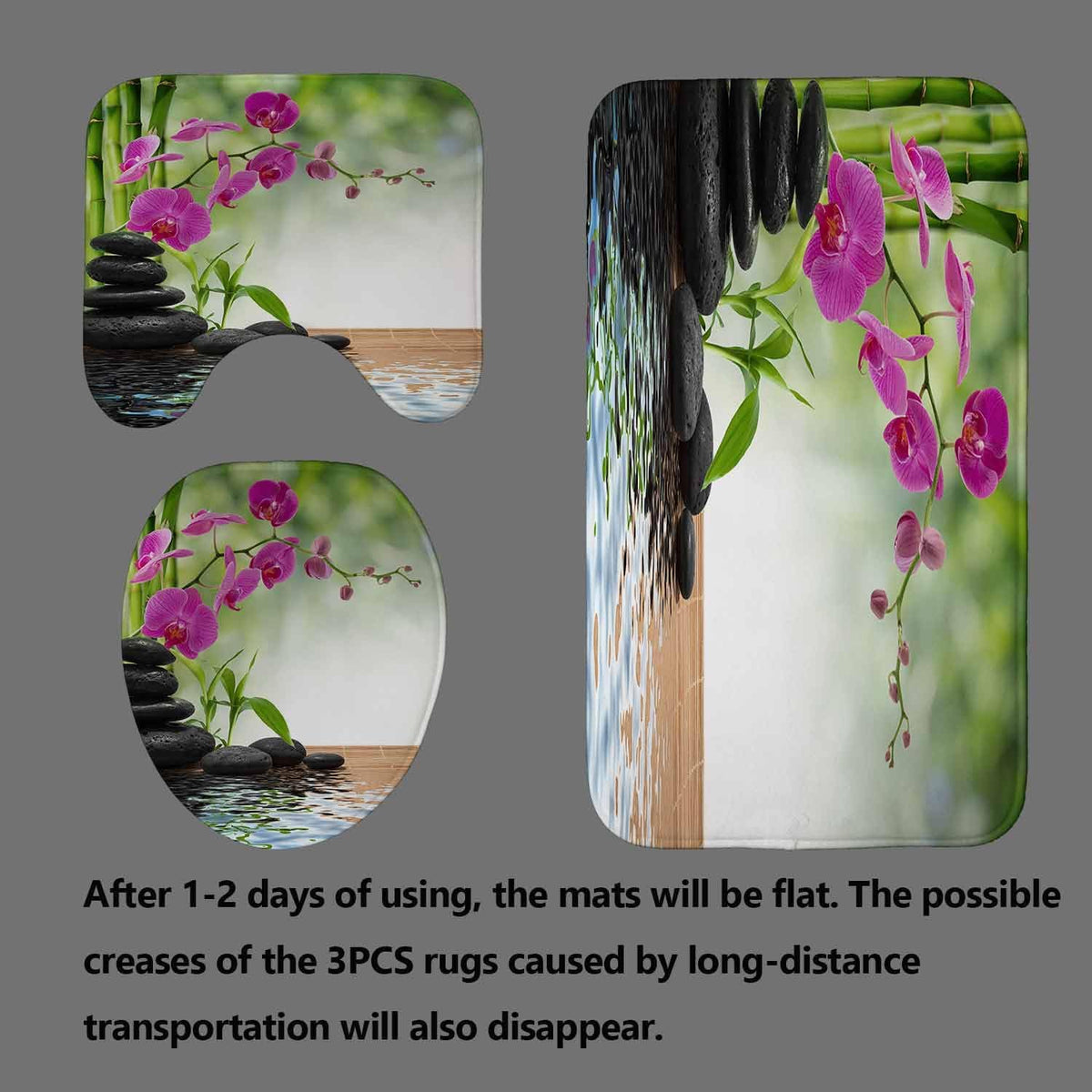 4PCS Spa Zen Shower Curtain Sets with Rugs, White Shower Curtain, Pink Floral Orchid Lotus Water Lily Stone Bamboo Water Reflection Yoga Massage Relaxing Spiritual Meditation Bathroom Decor