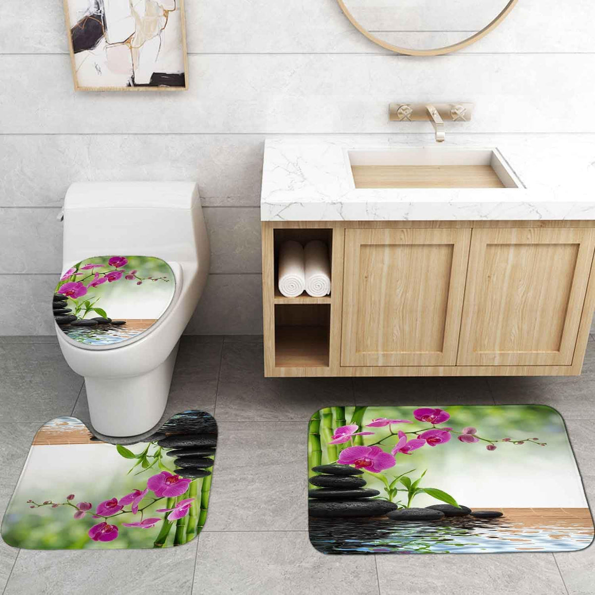 4PCS Spa Zen Shower Curtain Sets with Rugs, White Shower Curtain, Pink Floral Orchid Lotus Water Lily Stone Bamboo Water Reflection Yoga Massage Relaxing Spiritual Meditation Bathroom Decor
