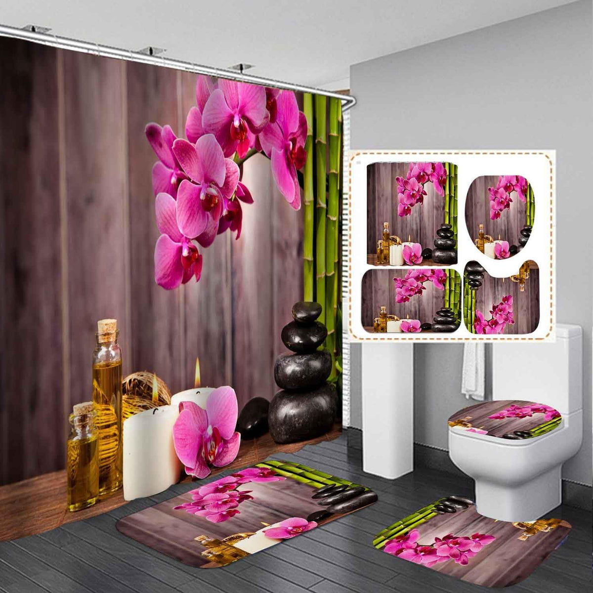 4PCS Spa Zen Shower Curtain Sets with Rugs, White Shower Curtain, Pink Floral Orchid Lotus Water Lily Stone Bamboo Water Reflection Yoga Massage Relaxing Spiritual Meditation Bathroom Decor