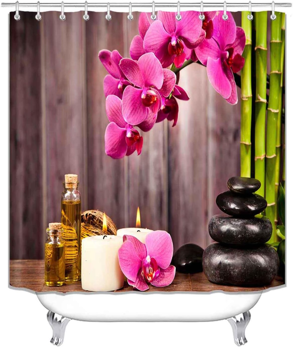4PCS Spa Zen Shower Curtain Sets with Rugs, White Shower Curtain, Pink Floral Orchid Lotus Water Lily Stone Bamboo Water Reflection Yoga Massage Relaxing Spiritual Meditation Bathroom Decor