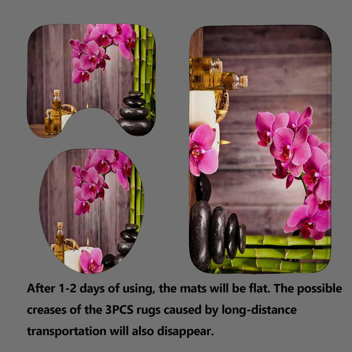 4PCS Spa Zen Shower Curtain Sets with Rugs, White Shower Curtain, Pink Floral Orchid Lotus Water Lily Stone Bamboo Water Reflection Yoga Massage Relaxing Spiritual Meditation Bathroom Decor