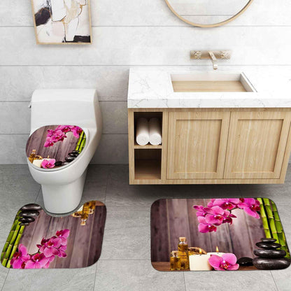 4PCS Spa Zen Shower Curtain Sets with Rugs, White Shower Curtain, Pink Floral Orchid Lotus Water Lily Stone Bamboo Water Reflection Yoga Massage Relaxing Spiritual Meditation Bathroom Decor