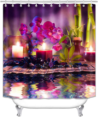 4PCS Spa Zen Shower Curtain Sets with Rugs, White Shower Curtain, Pink Floral Orchid Lotus Water Lily Stone Bamboo Water Reflection Yoga Massage Relaxing Spiritual Meditation Bathroom Decor