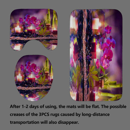 4PCS Spa Zen Shower Curtain Sets with Rugs, White Shower Curtain, Pink Floral Orchid Lotus Water Lily Stone Bamboo Water Reflection Yoga Massage Relaxing Spiritual Meditation Bathroom Decor