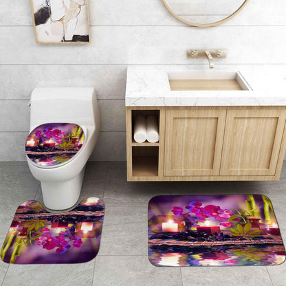 4PCS Spa Zen Shower Curtain Sets with Rugs, White Shower Curtain, Pink Floral Orchid Lotus Water Lily Stone Bamboo Water Reflection Yoga Massage Relaxing Spiritual Meditation Bathroom Decor