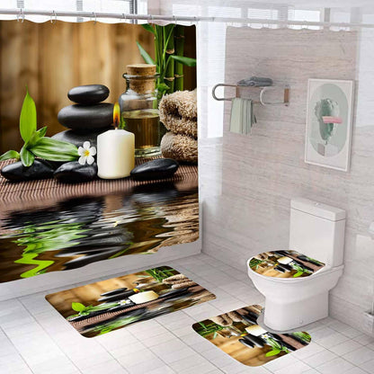 4PCS Spa Zen Shower Curtain Sets with Rugs, White Shower Curtain, Pink Floral Orchid Lotus Water Lily Stone Bamboo Water Reflection Yoga Massage Relaxing Spiritual Meditation Bathroom Decor