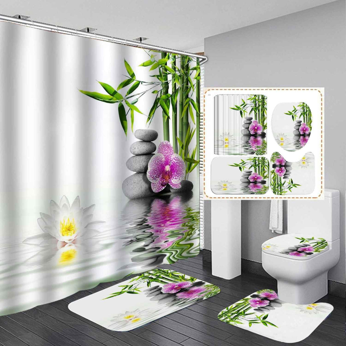 4PCS Spa Zen Shower Curtain Sets with Rugs, White Shower Curtain, Pink Floral Orchid Lotus Water Lily Stone Bamboo Water Reflection Yoga Massage Relaxing Spiritual Meditation Bathroom Decor