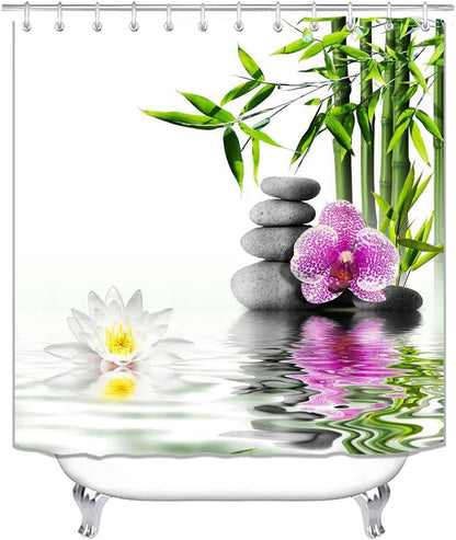 4PCS Spa Zen Shower Curtain Sets with Rugs, White Shower Curtain, Pink Floral Orchid Lotus Water Lily Stone Bamboo Water Reflection Yoga Massage Relaxing Spiritual Meditation Bathroom Decor