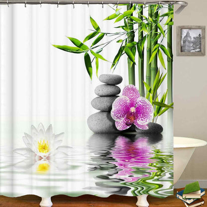 4PCS Spa Zen Shower Curtain Sets with Rugs, White Shower Curtain, Pink Floral Orchid Lotus Water Lily Stone Bamboo Water Reflection Yoga Massage Relaxing Spiritual Meditation Bathroom Decor