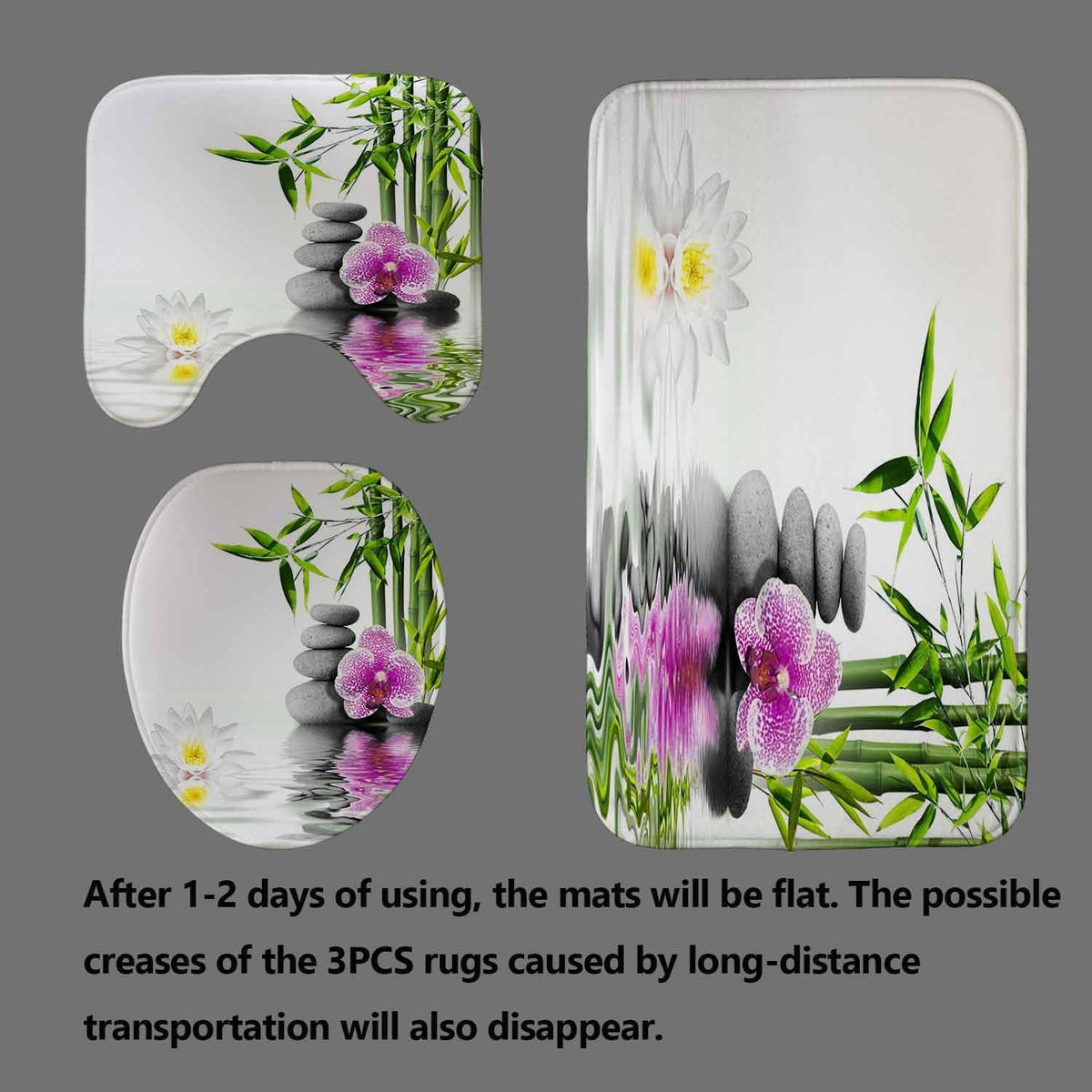 4PCS Spa Zen Shower Curtain Sets with Rugs, White Shower Curtain, Pink Floral Orchid Lotus Water Lily Stone Bamboo Water Reflection Yoga Massage Relaxing Spiritual Meditation Bathroom Decor