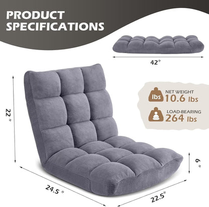 Folding Floor Gaming Chair 14-Poistion Cushioned Adjustable Floor Lazy Sofa Chair w/Breathable Cotton & Skin-Friendly Coral Velve for Adults & Kids Perfect for Reading Gaming Meditating, Grey
