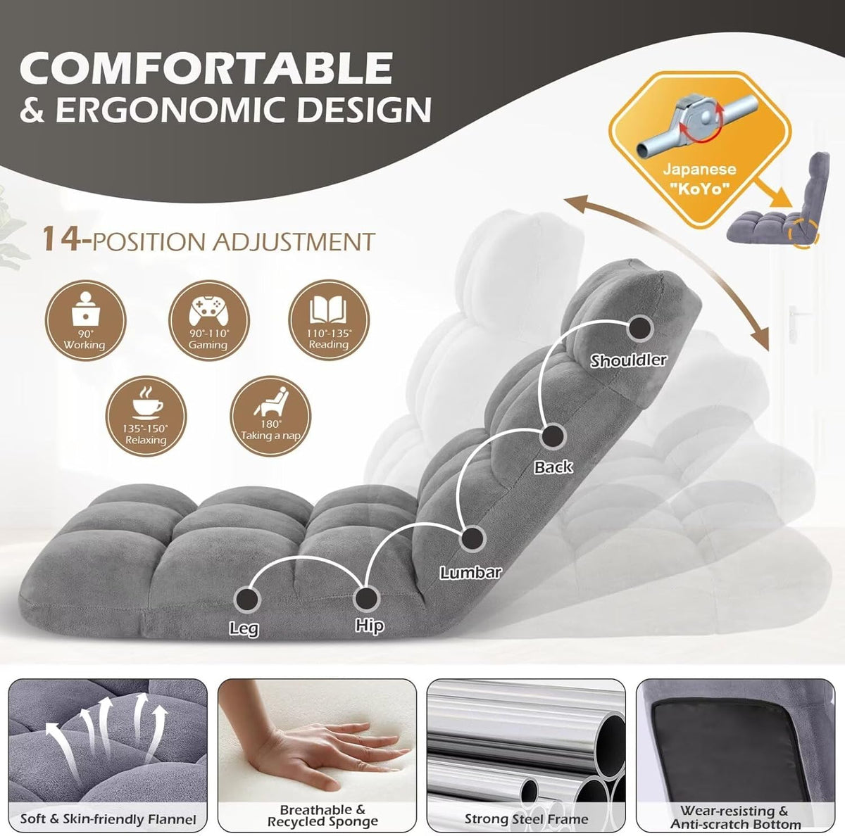 Folding Floor Gaming Chair 14-Poistion Cushioned Adjustable Floor Lazy Sofa Chair w/Breathable Cotton & Skin-Friendly Coral Velve for Adults & Kids Perfect for Reading Gaming Meditating, Grey