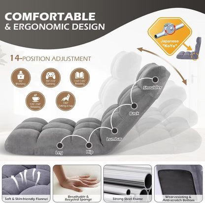 Folding Floor Gaming Chair 14-Poistion Cushioned Adjustable Floor Lazy Sofa Chair w/Breathable Cotton & Skin-Friendly Coral Velve for Adults & Kids Perfect for Reading Gaming Meditating, Grey