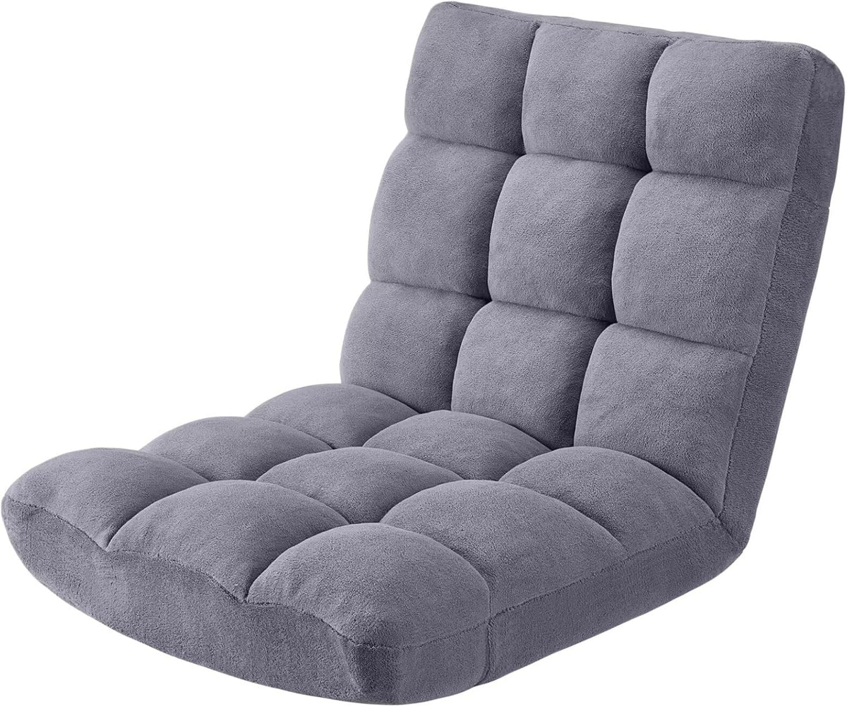 Folding Floor Gaming Chair 14-Poistion Cushioned Adjustable Floor Lazy Sofa Chair w/Breathable Cotton & Skin-Friendly Coral Velve for Adults & Kids Perfect for Reading Gaming Meditating, Grey