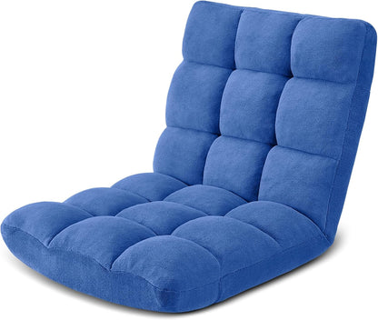 Folding Floor Gaming Chair 14-Poistion Cushioned Adjustable Floor Lazy Sofa Chair w/Breathable Cotton & Skin-Friendly Coral Velve for Adults & Kids Perfect for Reading Gaming Meditating, Grey