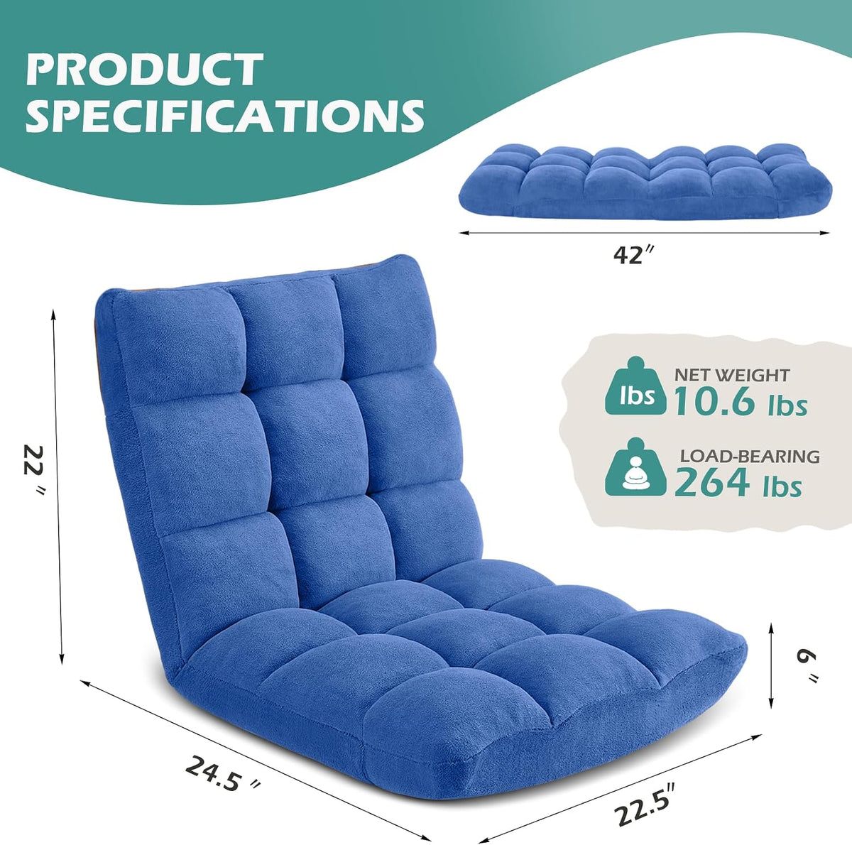 Folding Floor Gaming Chair 14-Poistion Cushioned Adjustable Floor Lazy Sofa Chair w/Breathable Cotton & Skin-Friendly Coral Velve for Adults & Kids Perfect for Reading Gaming Meditating, Grey