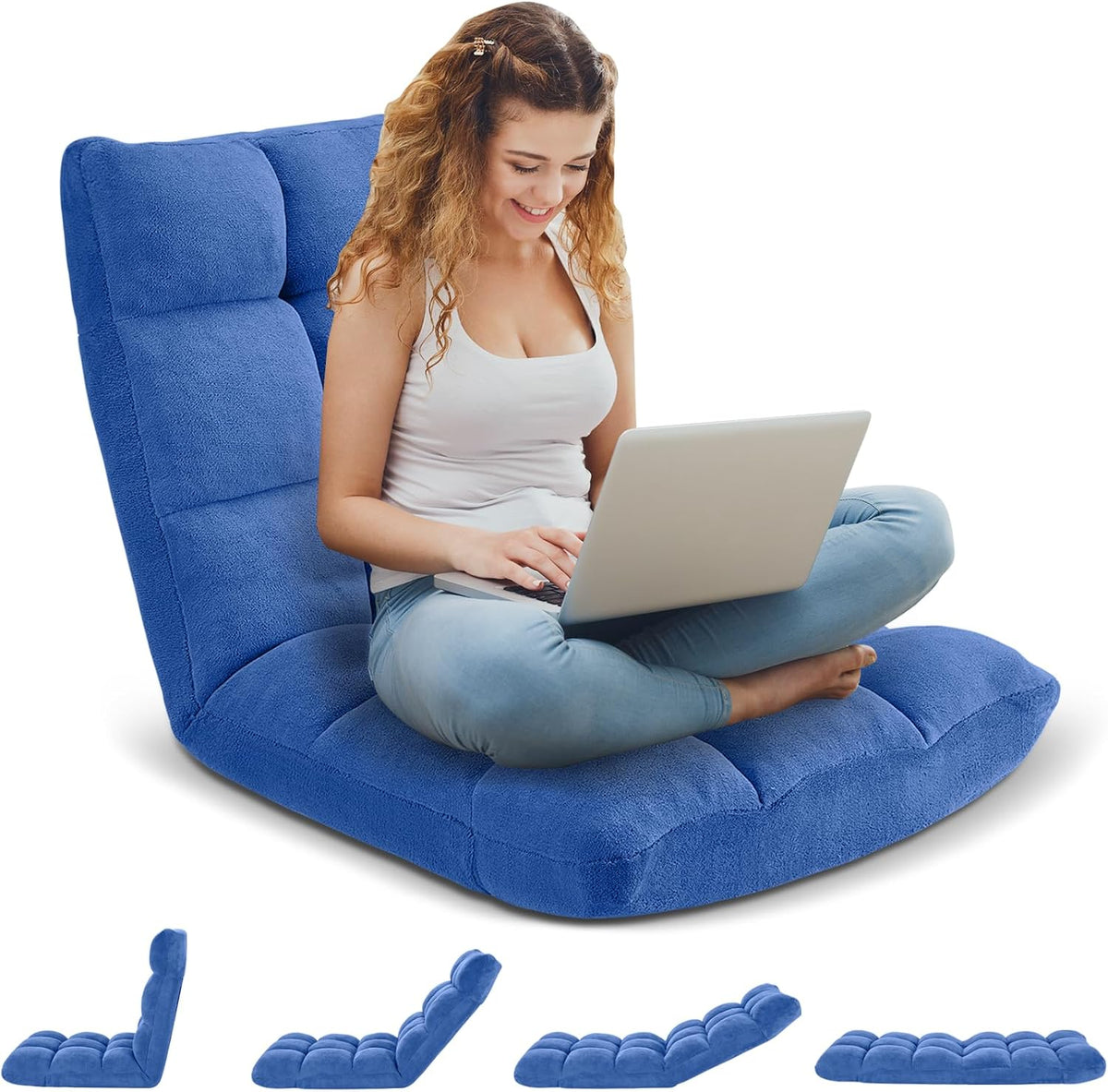 Folding Floor Gaming Chair 14-Poistion Cushioned Adjustable Floor Lazy Sofa Chair w/Breathable Cotton & Skin-Friendly Coral Velve for Adults & Kids Perfect for Reading Gaming Meditating, Grey