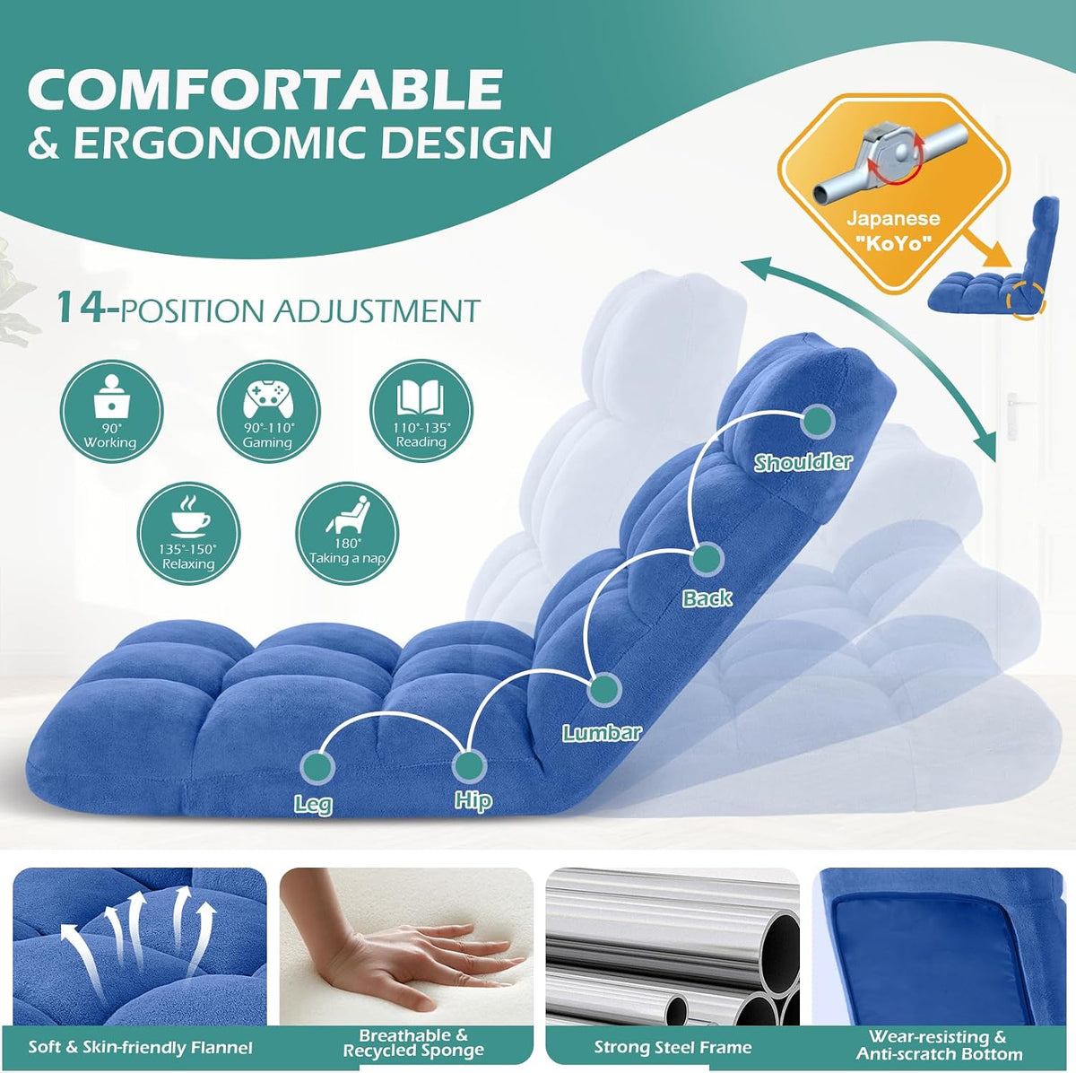 Folding Floor Gaming Chair 14-Poistion Cushioned Adjustable Floor Lazy Sofa Chair w/Breathable Cotton & Skin-Friendly Coral Velve for Adults & Kids Perfect for Reading Gaming Meditating, Grey