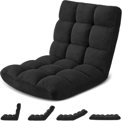 Folding Floor Gaming Chair 14-Poistion Cushioned Adjustable Floor Lazy Sofa Chair w/Breathable Cotton & Skin-Friendly Coral Velve for Adults & Kids Perfect for Reading Gaming Meditating, Grey