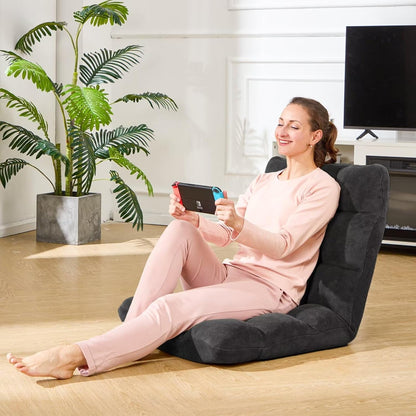 Folding Floor Gaming Chair 14-Poistion Cushioned Adjustable Floor Lazy Sofa Chair w/Breathable Cotton & Skin-Friendly Coral Velve for Adults & Kids Perfect for Reading Gaming Meditating, Grey