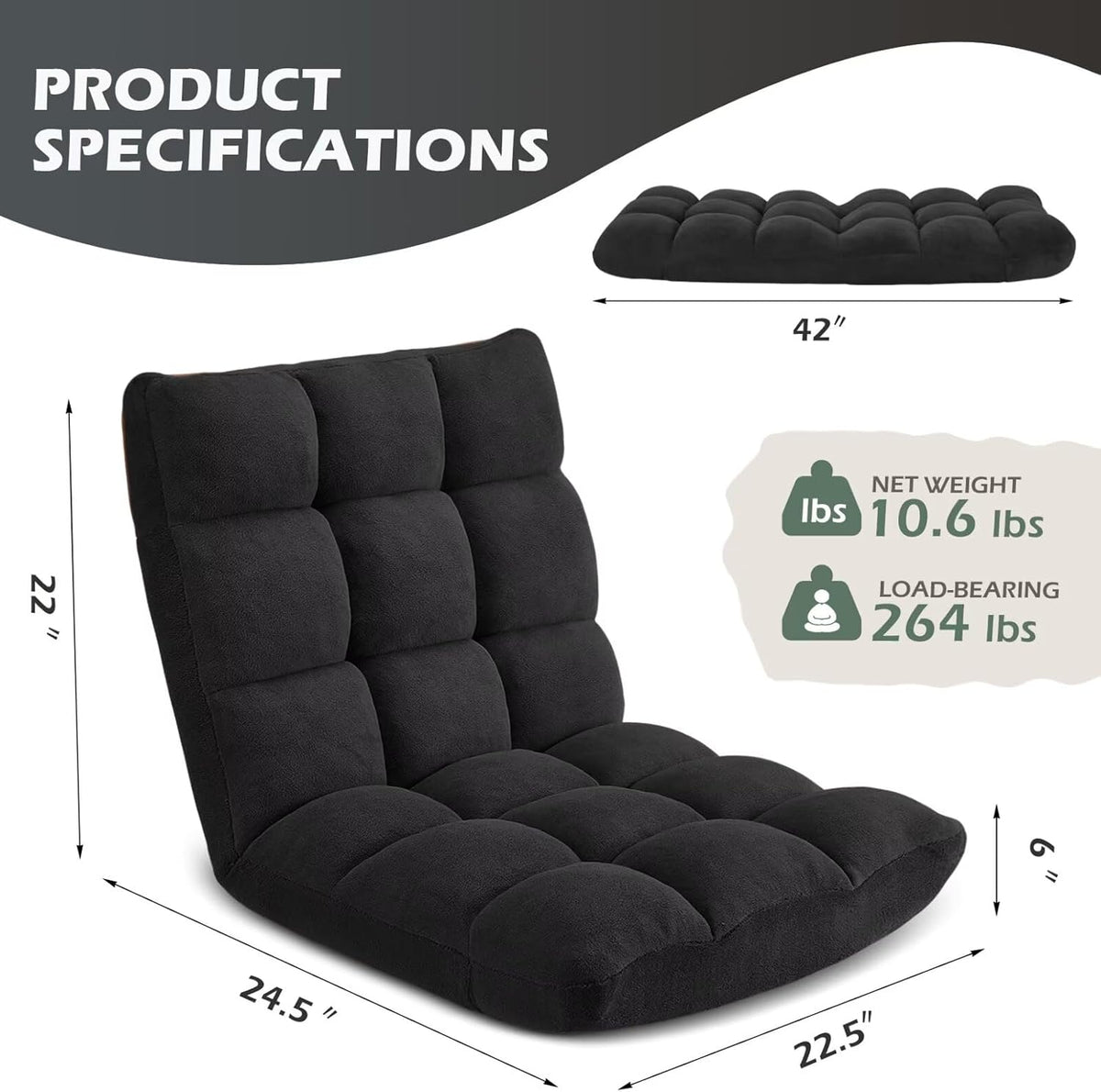 Folding Floor Gaming Chair 14-Poistion Cushioned Adjustable Floor Lazy Sofa Chair w/Breathable Cotton & Skin-Friendly Coral Velve for Adults & Kids Perfect for Reading Gaming Meditating, Grey