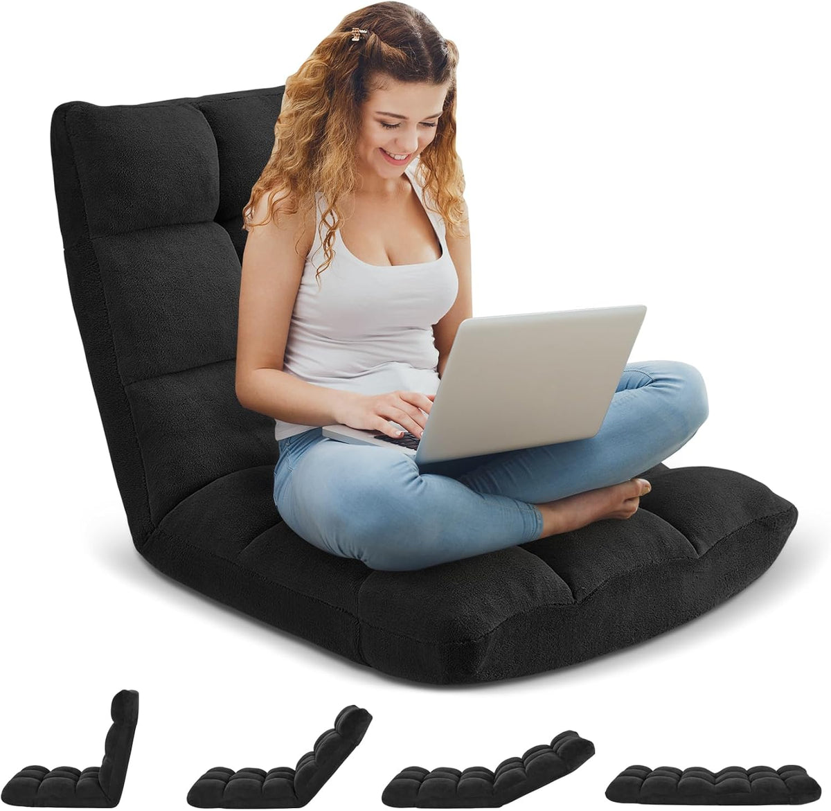 Folding Floor Gaming Chair 14-Poistion Cushioned Adjustable Floor Lazy Sofa Chair w/Breathable Cotton & Skin-Friendly Coral Velve for Adults & Kids Perfect for Reading Gaming Meditating, Grey