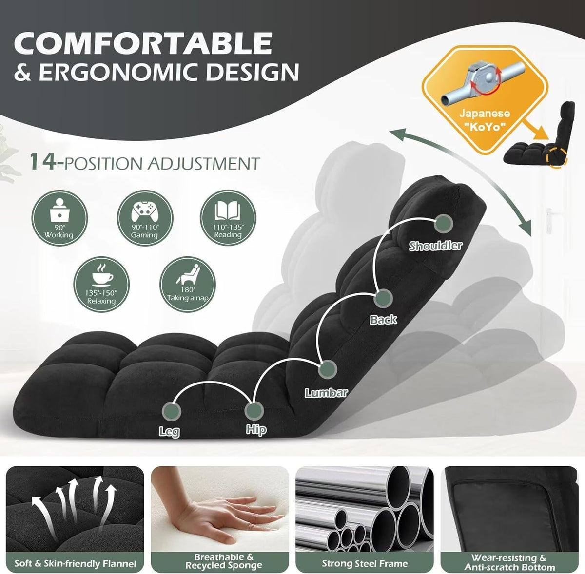 Folding Floor Gaming Chair 14-Poistion Cushioned Adjustable Floor Lazy Sofa Chair w/Breathable Cotton & Skin-Friendly Coral Velve for Adults & Kids Perfect for Reading Gaming Meditating, Grey