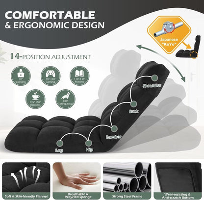 Folding Floor Gaming Chair 14-Poistion Cushioned Adjustable Floor Lazy Sofa Chair w/Breathable Cotton & Skin-Friendly Coral Velve for Adults & Kids Perfect for Reading Gaming Meditating, Grey
