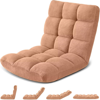 Folding Floor Gaming Chair 14-Poistion Cushioned Adjustable Floor Lazy Sofa Chair w/Breathable Cotton & Skin-Friendly Coral Velve for Adults & Kids Perfect for Reading Gaming Meditating, Grey