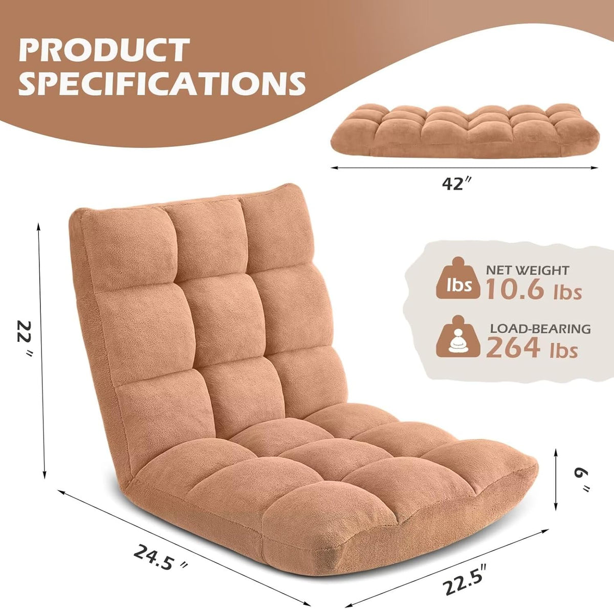 Folding Floor Gaming Chair 14-Poistion Cushioned Adjustable Floor Lazy Sofa Chair w/Breathable Cotton & Skin-Friendly Coral Velve for Adults & Kids Perfect for Reading Gaming Meditating, Grey