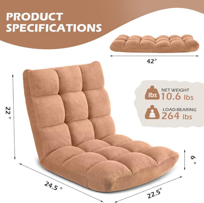 Folding Floor Gaming Chair 14-Poistion Cushioned Adjustable Floor Lazy Sofa Chair w/Breathable Cotton & Skin-Friendly Coral Velve for Adults & Kids Perfect for Reading Gaming Meditating, Grey