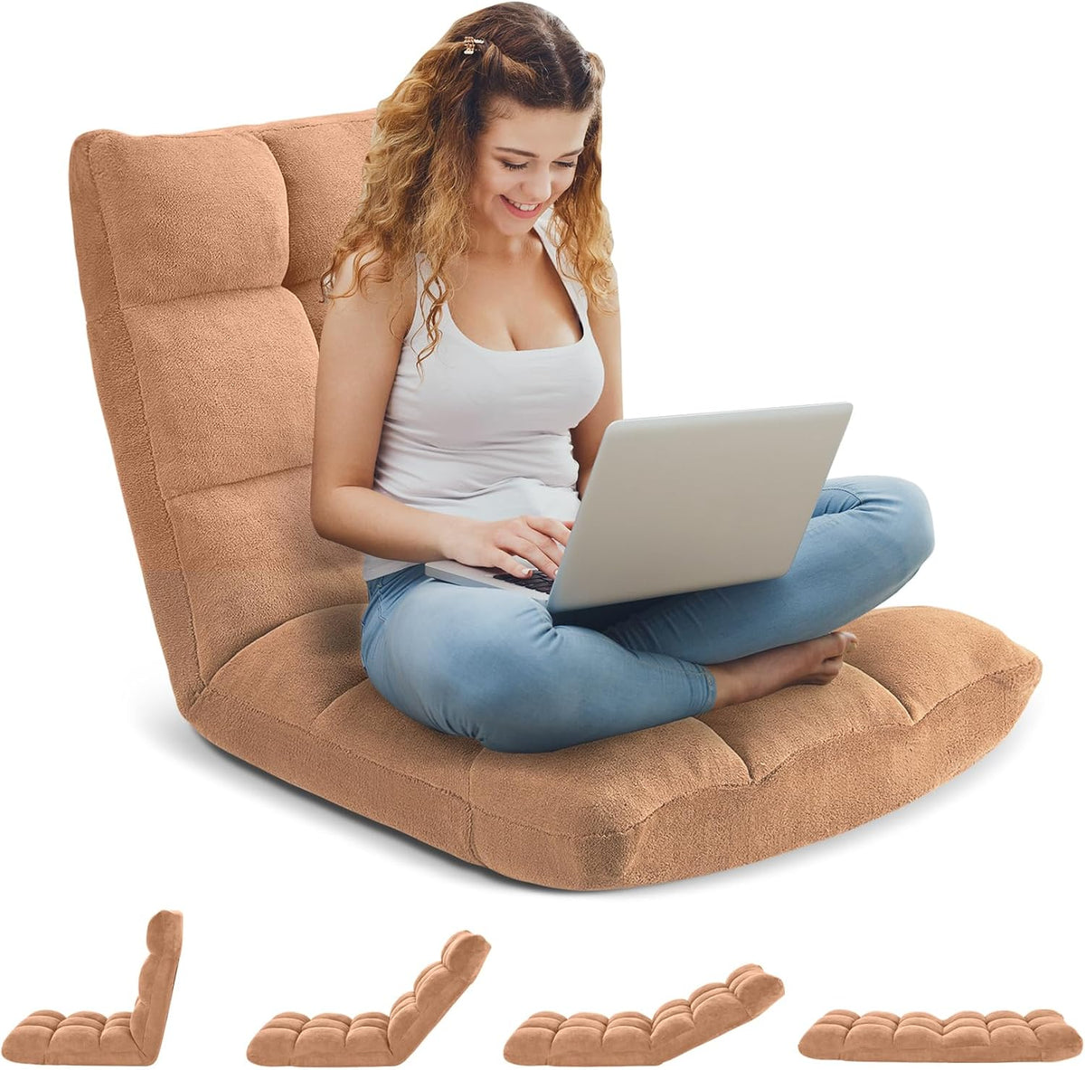 Folding Floor Gaming Chair 14-Poistion Cushioned Adjustable Floor Lazy Sofa Chair w/Breathable Cotton & Skin-Friendly Coral Velve for Adults & Kids Perfect for Reading Gaming Meditating, Grey