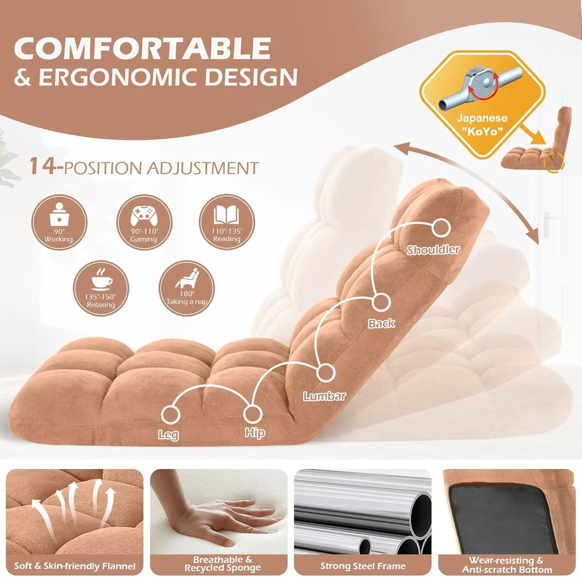 Folding Floor Gaming Chair 14-Poistion Cushioned Adjustable Floor Lazy Sofa Chair w/Breathable Cotton & Skin-Friendly Coral Velve for Adults & Kids Perfect for Reading Gaming Meditating, Grey