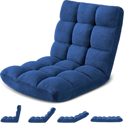 Folding Floor Gaming Chair 14-Poistion Cushioned Adjustable Floor Lazy Sofa Chair w/Breathable Cotton & Skin-Friendly Coral Velve for Adults & Kids Perfect for Reading Gaming Meditating, Grey