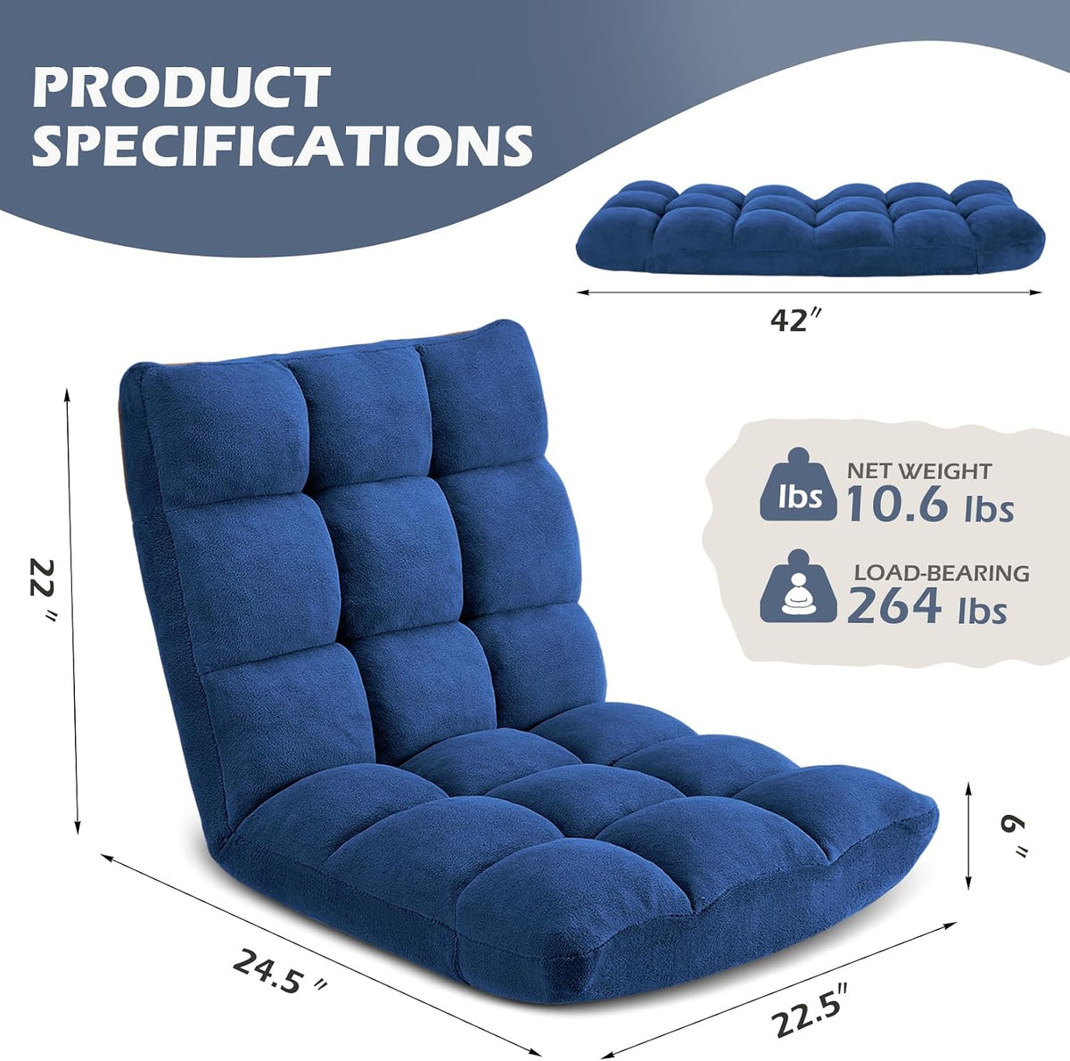 Folding Floor Gaming Chair 14-Poistion Cushioned Adjustable Floor Lazy Sofa Chair w/Breathable Cotton & Skin-Friendly Coral Velve for Adults & Kids Perfect for Reading Gaming Meditating, Grey