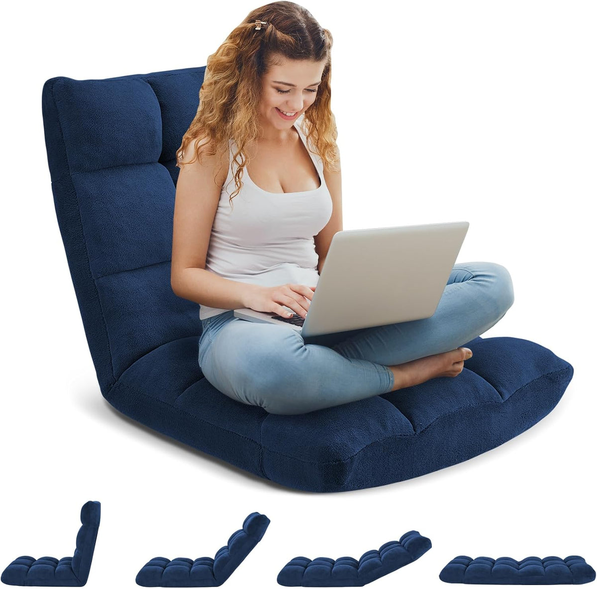Folding Floor Gaming Chair 14-Poistion Cushioned Adjustable Floor Lazy Sofa Chair w/Breathable Cotton & Skin-Friendly Coral Velve for Adults & Kids Perfect for Reading Gaming Meditating, Grey