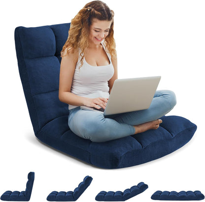 Folding Floor Gaming Chair 14-Poistion Cushioned Adjustable Floor Lazy Sofa Chair w/Breathable Cotton & Skin-Friendly Coral Velve for Adults & Kids Perfect for Reading Gaming Meditating, Grey