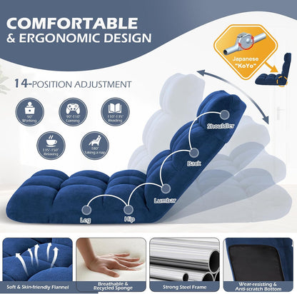 Folding Floor Gaming Chair 14-Poistion Cushioned Adjustable Floor Lazy Sofa Chair w/Breathable Cotton & Skin-Friendly Coral Velve for Adults & Kids Perfect for Reading Gaming Meditating, Grey
