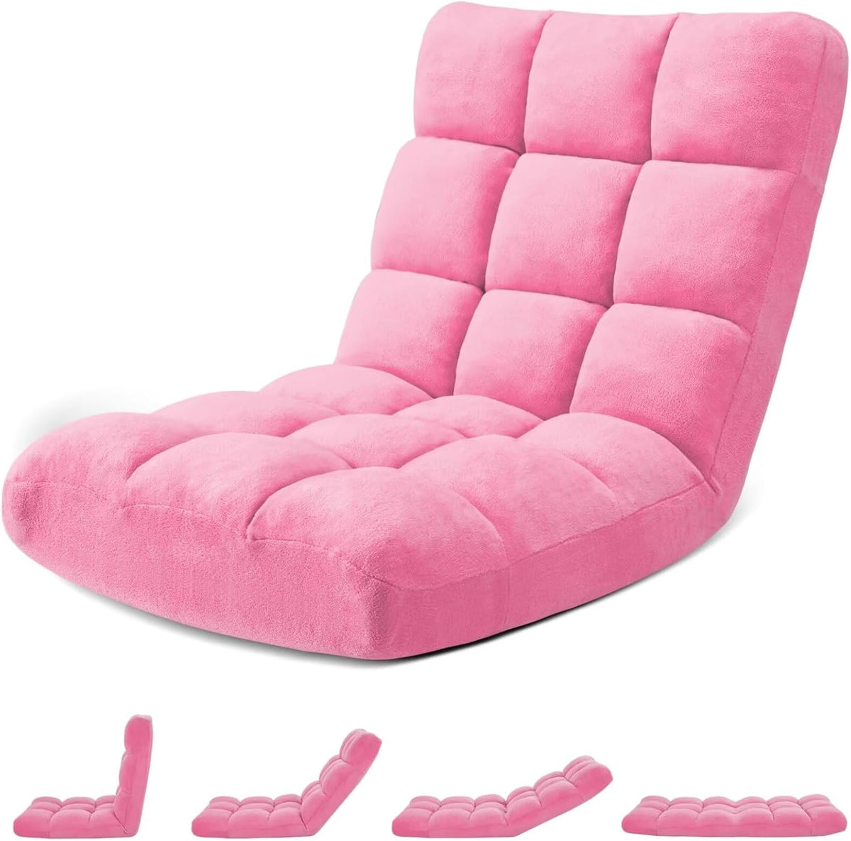 Folding Floor Gaming Chair 14-Poistion Cushioned Adjustable Floor Lazy Sofa Chair w/Breathable Cotton & Skin-Friendly Coral Velve for Adults & Kids Perfect for Reading Gaming Meditating, Grey