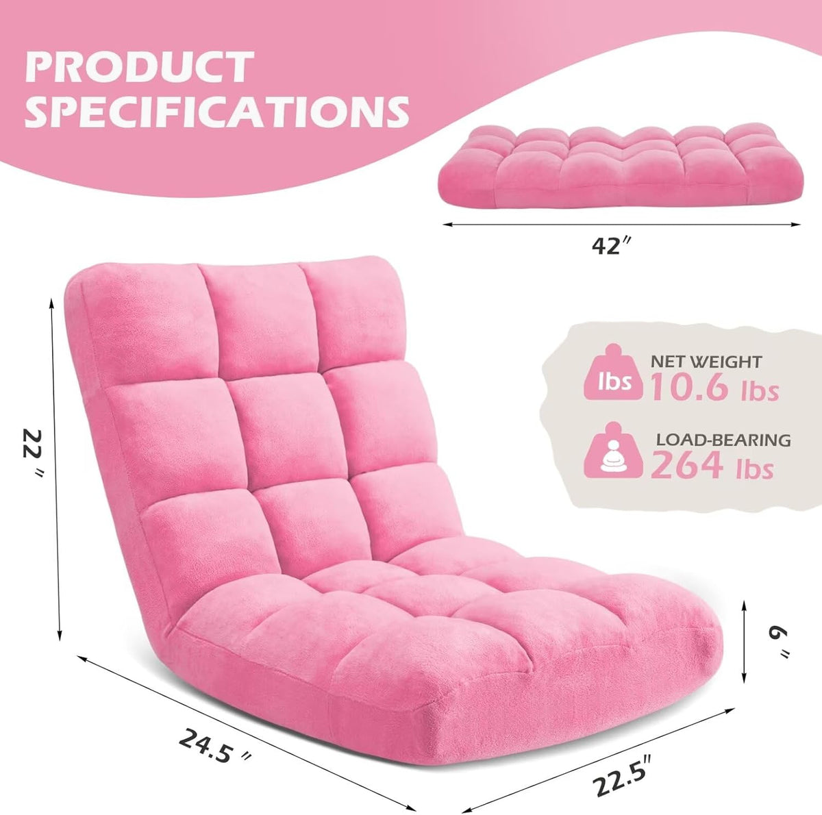 Folding Floor Gaming Chair 14-Poistion Cushioned Adjustable Floor Lazy Sofa Chair w/Breathable Cotton & Skin-Friendly Coral Velve for Adults & Kids Perfect for Reading Gaming Meditating, Grey