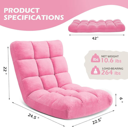 Folding Floor Gaming Chair 14-Poistion Cushioned Adjustable Floor Lazy Sofa Chair w/Breathable Cotton & Skin-Friendly Coral Velve for Adults & Kids Perfect for Reading Gaming Meditating, Grey